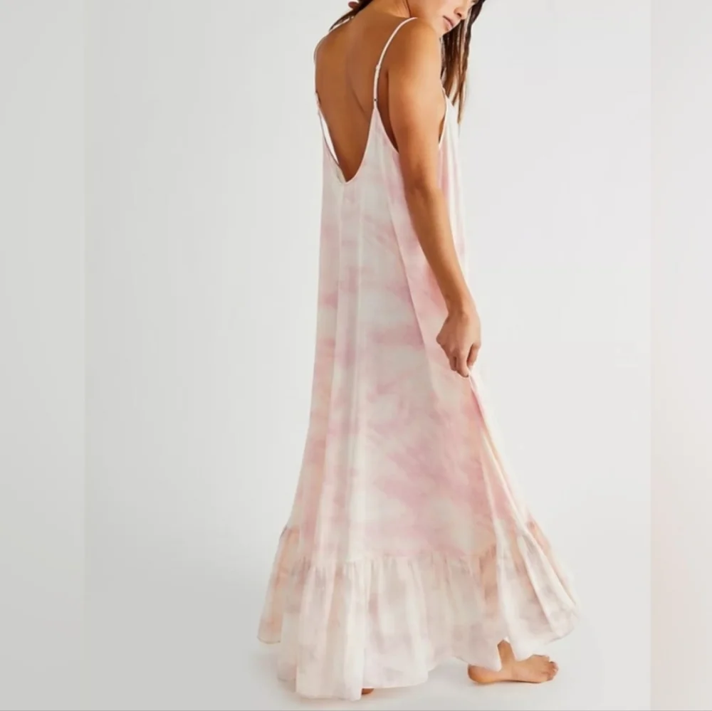 Free People Full On Maxi Slip Dress Flowy Relaxed Tiered Ruffle Hem Pink Sm NWT - Picture 13 of 16
